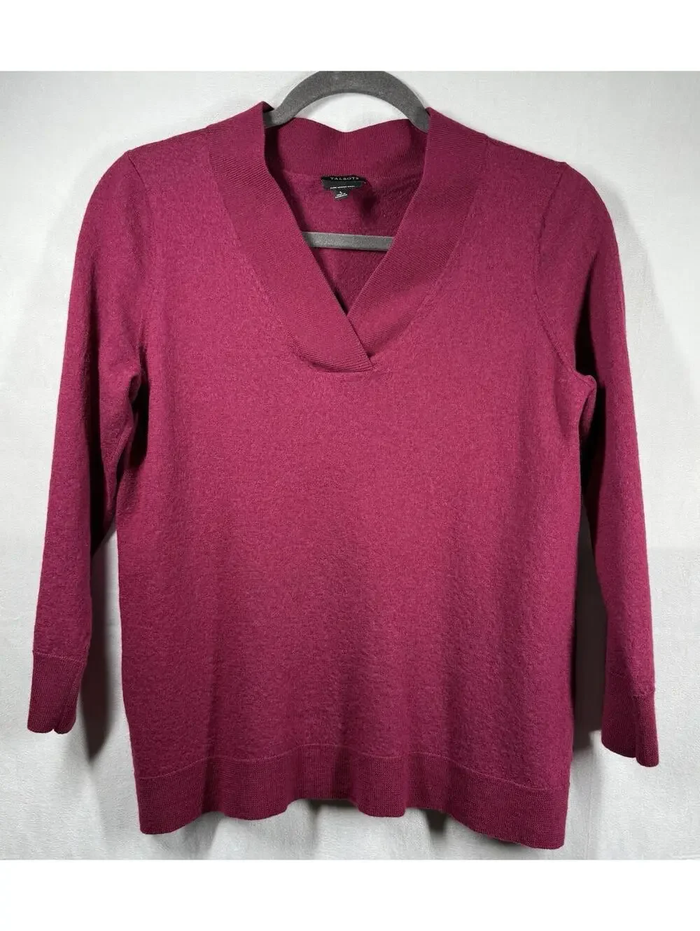 Talbots 100% Pure Merino Wool Sweater Women Merlot Sz Large Burgundy V-Neck Warm